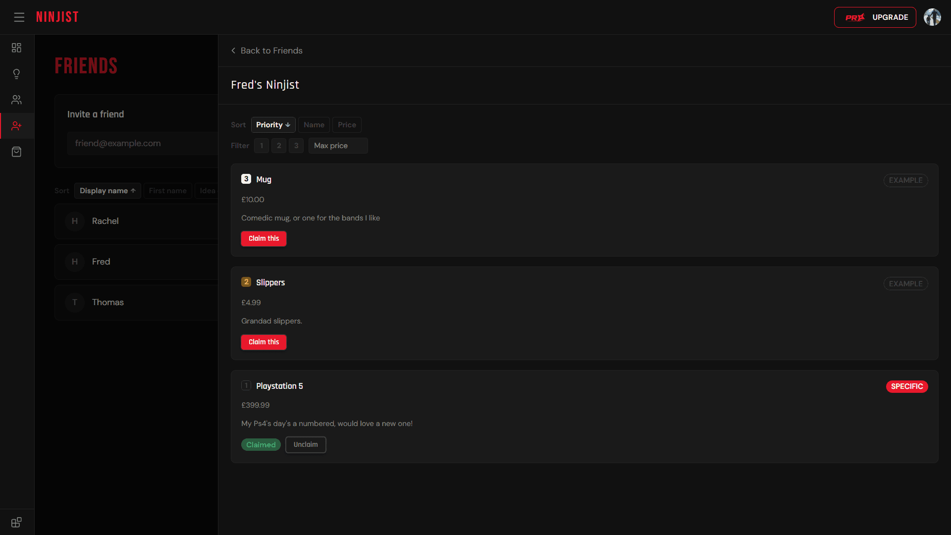 A friend's Ninjist showing their wishlist with Claim buttons